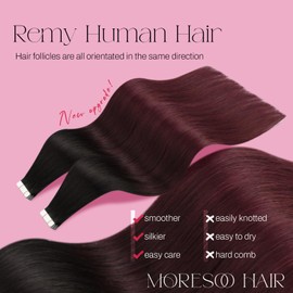 Moresoo Tape Extensions, Real Hair, Balayage Black to Burgundy, #1B/99J, 45 cm, Invisible Tape-In Human Hair Extensions, 20 Pieces, 50 g