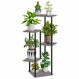 HAYOFAMY 5 Tier Plant Stand Indoor, Tall Plant Shelf Metal Wood Multiple, Flower Pot Holder for Living Room Office Balcony Patio, Grey Oak