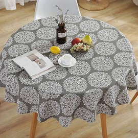 Round Tablecloth, 47/59 in Cotton Linen Fabric Circular Table Cover in Nordic Style Wrinkle-proof Dust-Proof Shrink-Proof Table Cover for Kitchen Dining Farmhouse Tabletop Decoration (Grey-style 2, 150cm)