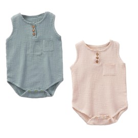 Yanmucy Baby Girls Cotton Rompers Newborn Soft Sleeveless Bodysuit Summer Baby Boy Jumpsuit Overall Outfits 0-18 Months （Pack of 2 (beige+cyan, 0-3 Months)