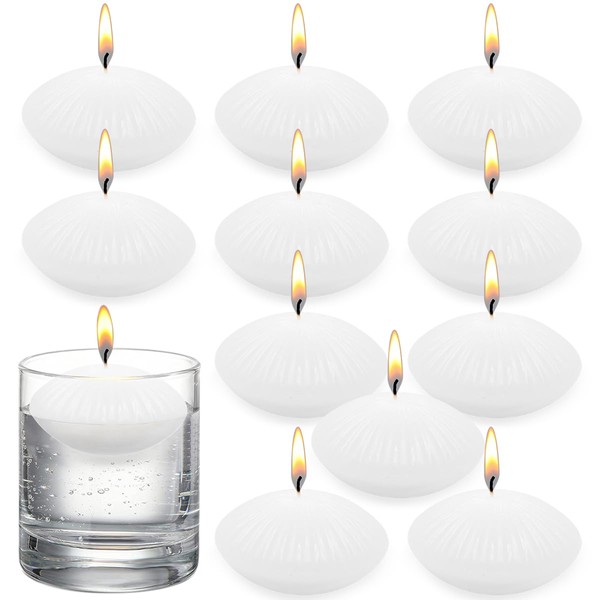 Striped Floating Candles, 12-Pack, 3-Inch, White Colorless Non-Drip Wax Burning Candles for Cylindrical Vases, Weddings, Pools, Parties and Festivals