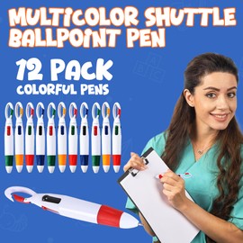 Retractable Shuttle Pens with Carabiner Clip - Pack of 12 Bulk Mini 4-in-1 Multi-Colored Ink Ballpoint Pens with Keychain for Adults, Kids, Nurses, School, Stocking Stuffer Gifts, Party Favors