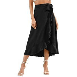 Women Split Flowy Skirt Comfortable Lightweight Wrap Long Skirt Ruffle Swing Maxi Skirt High Low Slit A Line Skirt Black M