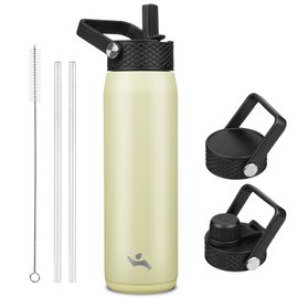 Botella de agua de acero inoxidable aislada de 25 onzas con popote y 3 tapas, botella de agua deportiva sin BPA, botella de agua de viaje, verde macar