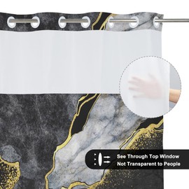 TYLCLTX No Hook Shower Curtain with Snap in Liner Black Gold Marble Liner Set Modern Contemporary Crack Ink Texture Double Layers Waterproof See-Through Top Window Bathroom Decorative 71x74inch