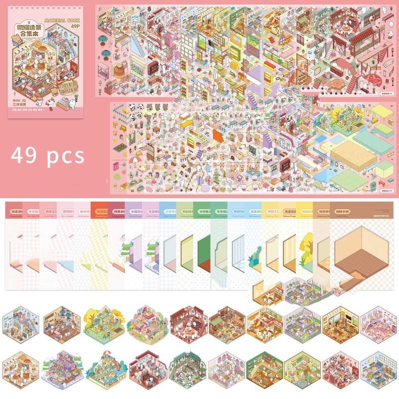 3D Scene Sticker Book, 49pcs/set Cute Cartoon Creative Sticker, DIY