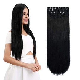 REECHO Multi-Length 20" 22" 24" Long Straight Synthetic 4 PCS Set Thick Clip in on Hair Extensions Natural Black