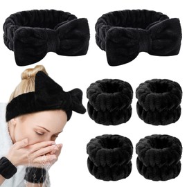 6 Pcs Spa Headband and Wristband Set, Multicolour Microfiber Fleece with Bow Design (Balck, One Size)