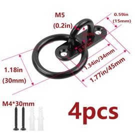Semetall M5 Ceiling-Wall Mount Hook & Pad Eye Plate - 4Pack Stainless Steel Black Deck Hardware with Screws, Heavy Duty Anchor Rings for Boat Rigging, Yoga Swings, Hammocks & Marine Suspension