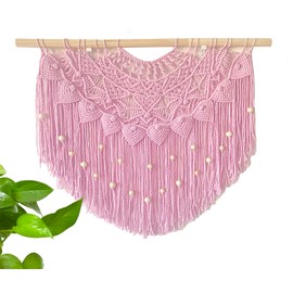 Youngeast Large Macrame Wall Hanging Boho Beaded Curtain for Window Macrame Bedroom Headboard Living Room Wall Art Tassel Tapestry Bohemian Woven Wall Decor 31" W X 25" H (Pink)