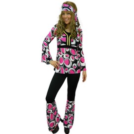 Yummy Bee Hippy Plus Size 6-18 Fancy Dress Costume 60s 70s Ladies Flower Power Hippie Adult Gogo Disco (Pink, Women: 14, XXL)