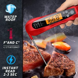 Meat Thermometer Digital, 1 Sec Instant Read, NIST Certified Accurate to ±0.5℉, Ultra Bright LED Screen, 100% Waterproof, Auto-Rotate, BBQ/Smoker/Candy, Valentines Gift, Red