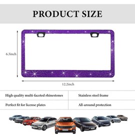 SHMZK Bling License Plate Frame, Handcrafted Rhinestone License Plate Holder with Mounting Kit, Sparking Diamond Stainless Steel License Plate Cover for Women, Car Accessories (Purple)