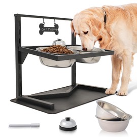 Grand Line Elevated Dog Bowls 7 Height Adjustable, 10° Tilted Raised Dog Bowls Stand with Spill Proof Mat, Two 1.5L Stainless Steel Dog Food Water Bowls for Large Medium Small Dogs (4.3" - 13.8" in)