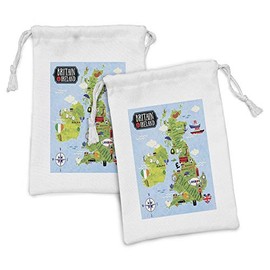 Ambesonne Cartoon Fabric Pouch Set of 2, Cartoon Style Maps of Britain and Ireland Landmarks Illustration, Small Drawstring Bag for Toiletries Masks and Favors, 9" x 6", Apple Green and Pale Blue