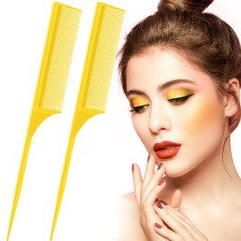 2 Pack Rat Tail Combs for Women Fine Tooth Comb Parting Tip Carbon Fiber Root Teasing Anti Static Heat Resistant Adding Volume Evening Hair Styling (Yellow)