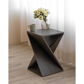 Albany Living Hand Made One-of-a-Kind Carved Mango Wood Twisted X Shape End Table, Distressed Grey