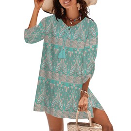 HOTOUCH Resort Dresses for Women 2026 Vacation Womens V Neck Cotton Casual Loose Shift Tunic Summer Dresses Vacation Dress 3/4 Sleeve Green XL