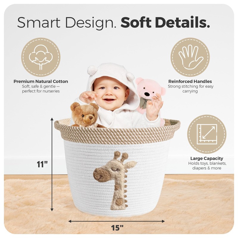 Giraffe Storage Basket for Nursery – Large 15”x11” Cotton Rope