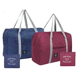 2PCS Foldable Travel Bag Luggage Storage for Sports Gym Water Resistant Nylon Canvas Duffel for Men, Women 32 Liter （Red+Blue）