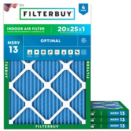 Filterbuy 20x25x1 Air Filter MERV 13 Optimal Defense (4-Pack), Pleated HVAC AC Furnace Air Filters Replacement (Actual Size: 19.50 x 24.50 x 0.75 Inches)