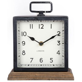 BelAya E Rustic Distressed Metal Wood Industrial Square London Mantle Clock -21cm