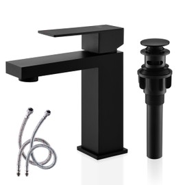 KENES Matte Black Single Handle Bathroom Sink Faucet, Stainless Steel Vanity Faucet for Bathroom Sink, with Pop Up Drain Stopper & Water Supply Hoses LJ-9031-2