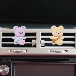 2PCS Cute Bear Car Dashboard Air Vent Trim Clips, Auto Interior Decorative Clip Car Air Freshener Vent Clips, Car Diffuser Air Conditioner Outlet Clips, Funny Presents for Girls Women (Beige/Purple)