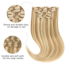HOTBANANA Human Hair Clip in Hair Extensions, Balayage Light Blonde Highlighted Golden Blonde(Warm Tone) 120g Clip in Hair Extensions Real Human Hair Straight Remy Hair Extensions 12 Inch 7pcs