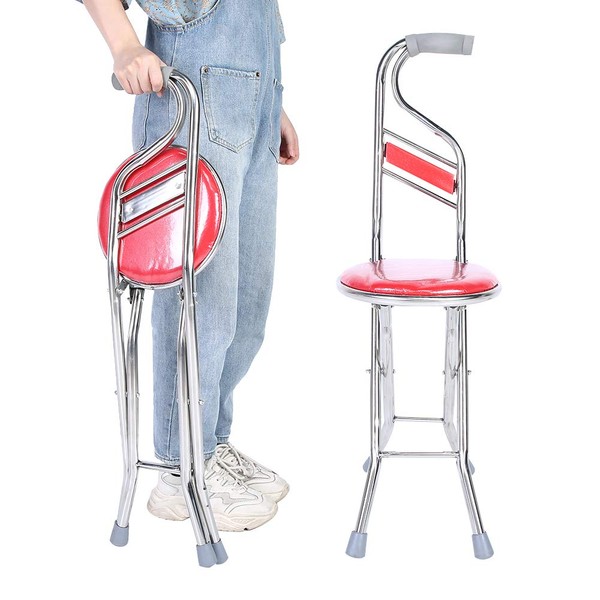 ZJchao Folding Cane Seat, Thickening Travel Seat and Cane Four Leg Folding Walking Stick Stainless Steel Lightweight Folding Mobility Aid Canes with Seats (1#)