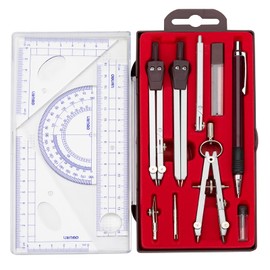 Metal Geometry Kit Set, 13PCS Math Compass and Protractors Geometry Drawing Tool Precision Set Graphic Compasses Triangle Rulers Pencils Protractor with Storage Case (Brown)