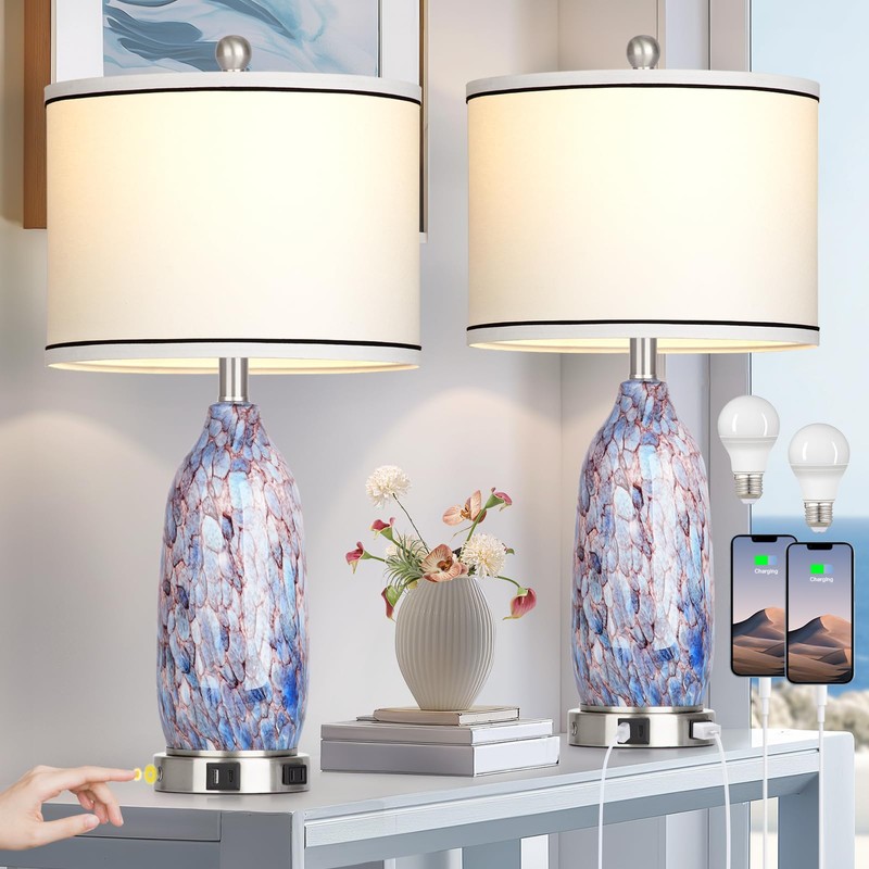 Coastal Lamps with USB A+C Ports & LED Night Light,