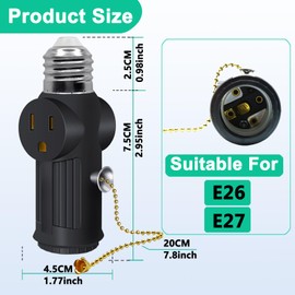 Light Socket to Plug Adapter,E26/E27 3 Prong Light Bulb Outlet Socket Adapter,Both Sides Sockets Support 3 Prong Light Socket Plug with Switch Control,Black,2 Pack