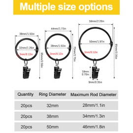Caianwin Pack of 20 Curtain Rings with Clips, Metal Curtain Rings for Opening, 32 mm Inner Diameter, Curtain Rings Hooks for Rod, Shower Curtain (Black)