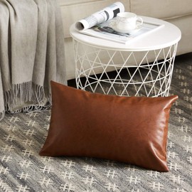 Fancy Homi Brown Boho Lumbar Faux Leather Decorative Throw Pillow Covers 14x24 Inch for Living Room Couch Bed Sofa, Solid Rectangle Cushion Case 35x60 cm, Rustic Modern Farmhouse Home Decor