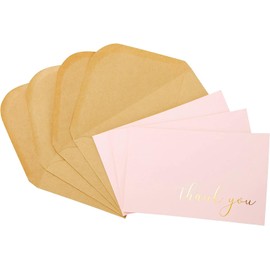 Thank You Cards - Blank 50 Pack Baby Pink Matte Finish Cards with Gold Foiled "Thank You" Printed with 52 Kraft Envelopes 4" x 6" - for Bridal Shower Baby Shower Birthday Party