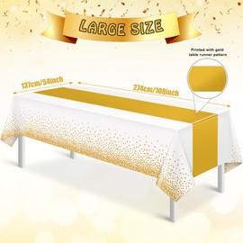 3Pcs White and Gold Tablecloth Party Decorations,Plastic White Table Cloth Printed Gold Table Runner Disposable Rectangle Table Cover for Birthday Wedding Anniversary Graduation Party,54 x108 Inch