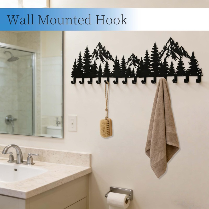 Large Black Mountain Wall Decor Coat Rack with 14 Hooks