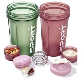 (2 piezas) 650ML Shaker Proteina, Vaso para Proteinavaso ，Blender Bottles Shaker,Shaker para Proteina con 3 Niveles Caja de Almacenamiento(Verde Rosado)