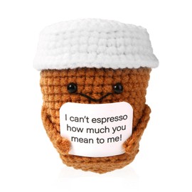 Positive Crochet Coffee Cup, Cute Emotional Crocheted Support Coffee Cup Doll Funny Knitted Yarn Toys Special Warm Gifts Desktop Decoration for Coffee Lovers Friends Family Home Decor