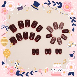 Bellelfin 24Pcs Short Press on Nails Square Burgundy Fake Nails, Cute Glitter False Nails Glossy Glue on Nails Acrylic Stick on Nails for Women Girls