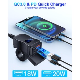 Unifizz Motorcycle USB Charger,Dual USB Type C PD & Quick Charge 3.0 Motorcycle Phone Charger with Voltmeter & ON/Off Switch,Waterproof Quick Disconnect SAE to USB Adapter for All Phone,Tablet,GPS