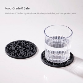 Hoomey Set of 6 Black Silicone Coasters with Holder, Drink Coasters with Tribal Pattern Shape- for Table Protection, Anti Slip, Nonstick, Heat Resistant, Deep Tray