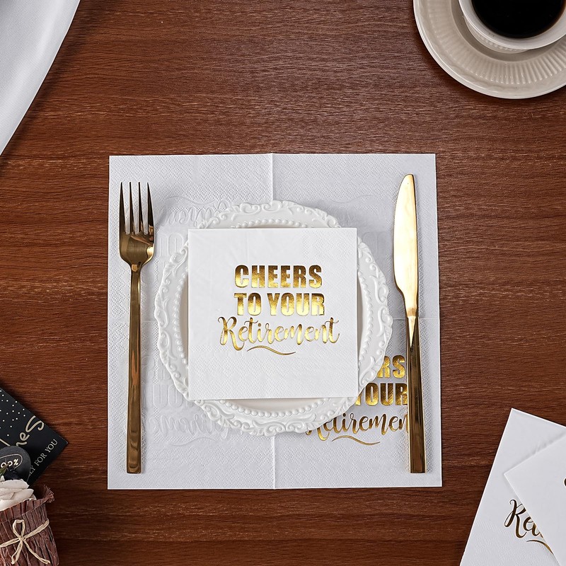 WRAPAHOLIC 25Pcs Retirement Cocktail Napkins - 3-Ply White Gold Foil