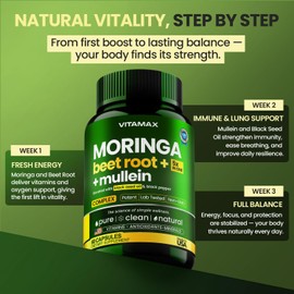 Moringa Capsules, Beet Root, Mullein Leaf - Energy, Skin, Immune Supplement Superfood, Rich in Antioxidants, Minerals & Essential Vitamins - High Absorption Non-GMO - Made in USA - 60ct