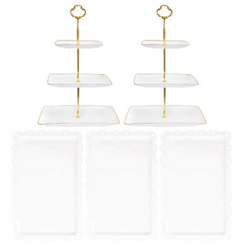 5 Pcs Cupcake Stand Set - White Plastic Dessert Table Display Set, 2X Square 3 Tier Cupcake Display Stand with Gold Rim & 3X Plastic Trays for Wedding Baby Shower Tea Party