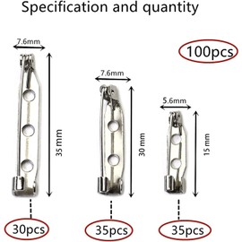 WOOXDYUK Pack of 100 Safety Pin, Brooch Pins for DIY Crafts (38/40/45 mm), Craft Safety Pins for Jewellery and Crafts (Silver), Tone Safety Pins for Brooch Back Clasps