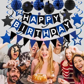 Black Blue Birthday Decorations, Black & Blue Happy Birthday Banner Honeycomb Balls Circle Garland Triangle Banner Stars Hanging Swirl Decoration Kit for HBD‌ Party Decorations