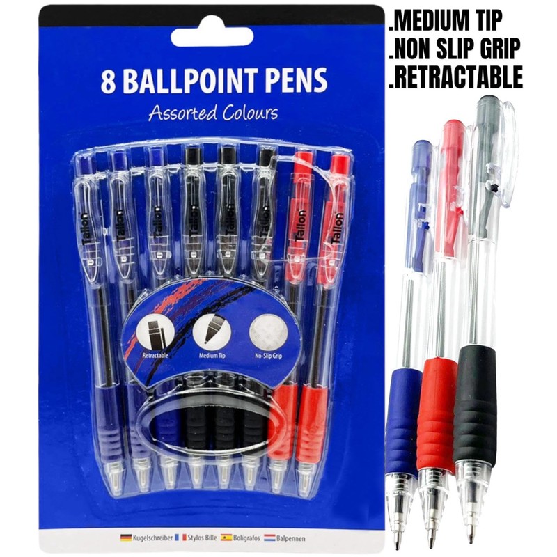 PaulStore 8 Ballpoint Pens Set Soft Non-Slip Grip Medium Ball