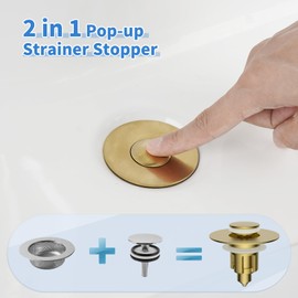 Universal Metal Bathroom Sink Stopper, Upgraded Stainless Steel Sink Drain Strainer for 1.1''~2.36" Basin Pop Up Drain Strainer, Anti-Clogging Filter Basket, Brushed Gold-2 Pack